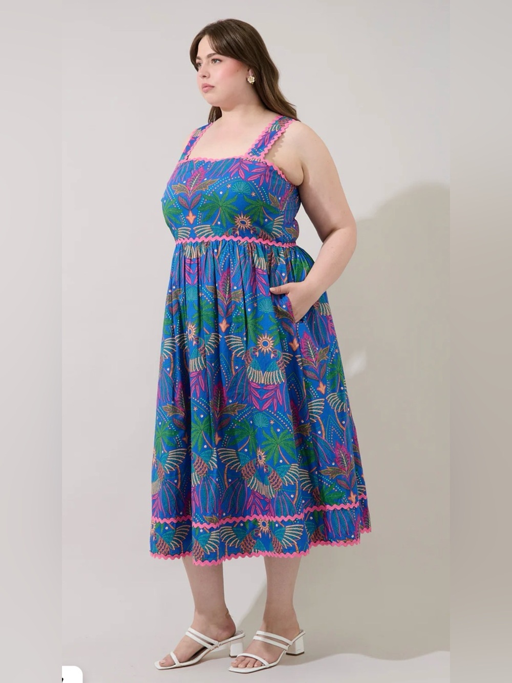 Sugarlips Blue Green Floral Midi Dress with Pink Trim - Picture 3 of 9